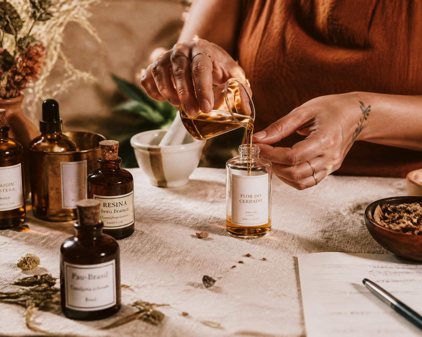 Perfumista artesanal vertendo essência em um frasco em Campinas